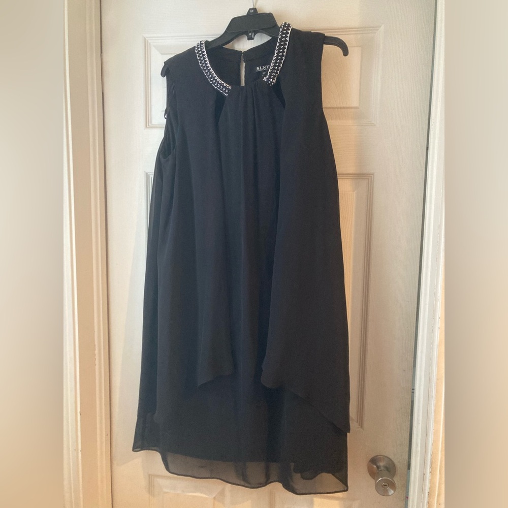 SLNY Black Dress with Silver Chain Accent